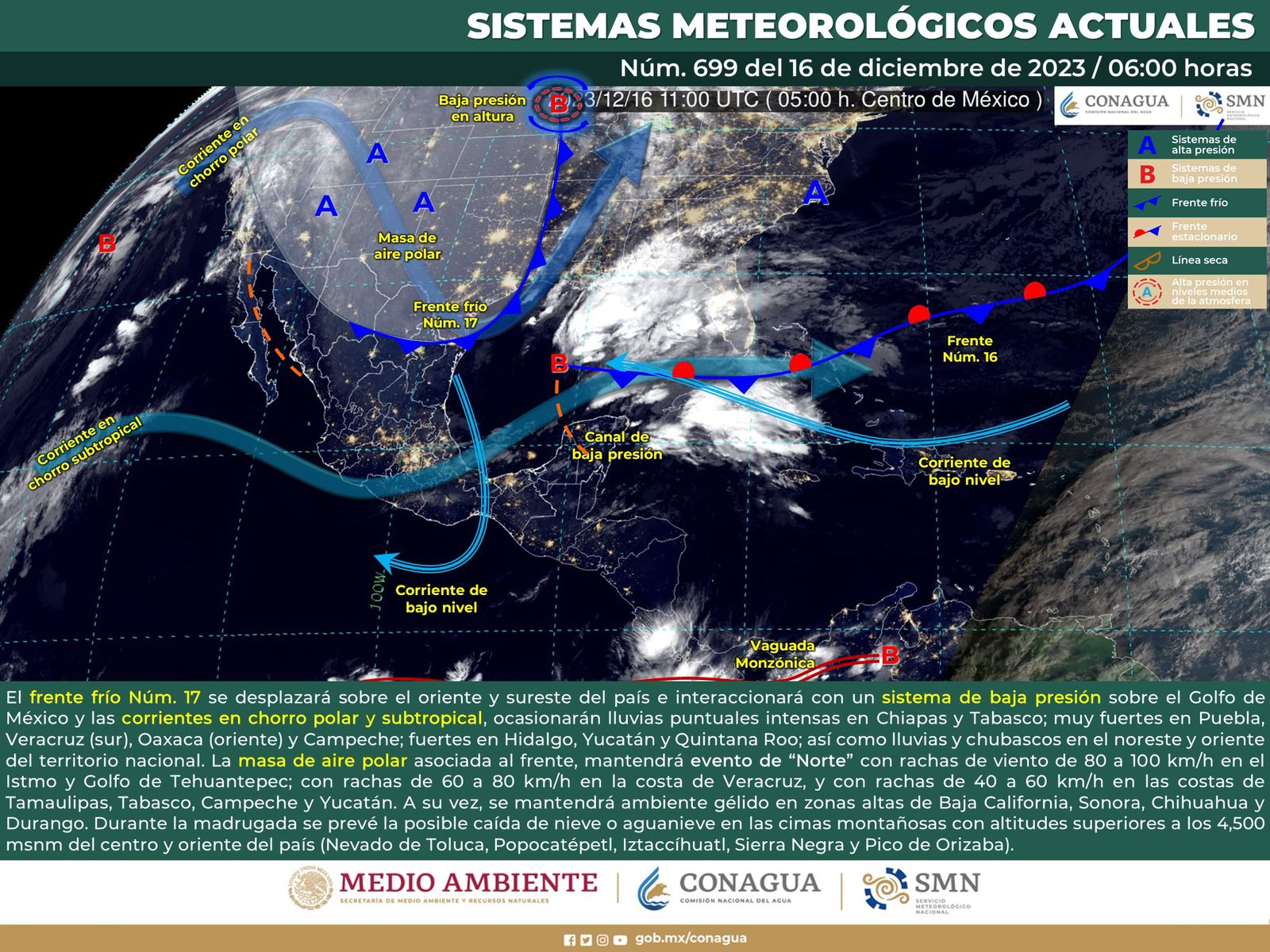 Continuarán las bajas temperaturas, se prevén fuertes vientos y lluvias para algunas regiones: Protección Civil