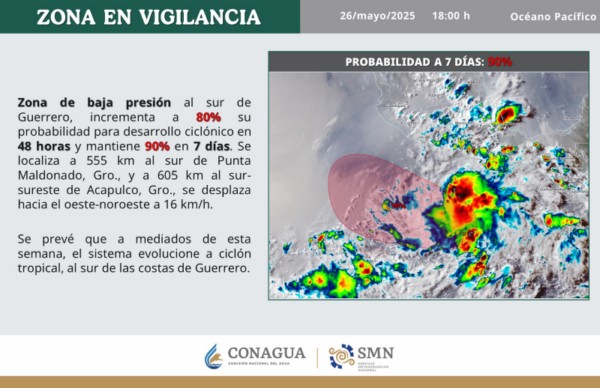 Informa Protección Civil sobre formación de un posible desarrollo ciclónico al sur de Guerrero
