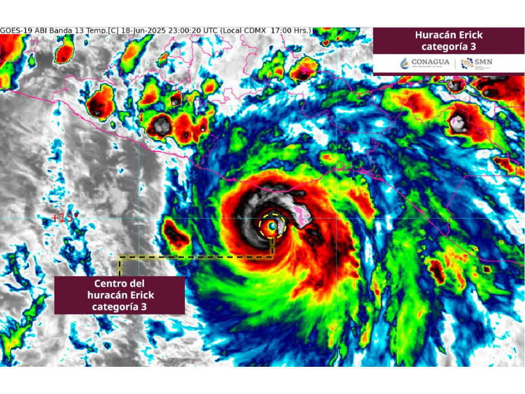 Alcanza huracán “Erick” categoría 3 y se prevé impacto la madrugada del jueves