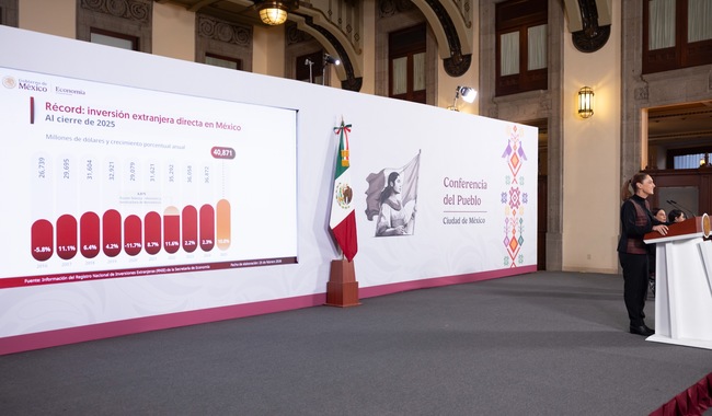 Presidenta Claudia Sheinbaum destaca récord en Inversión Extranjera Directa; creció 10.8% respecto a 2024