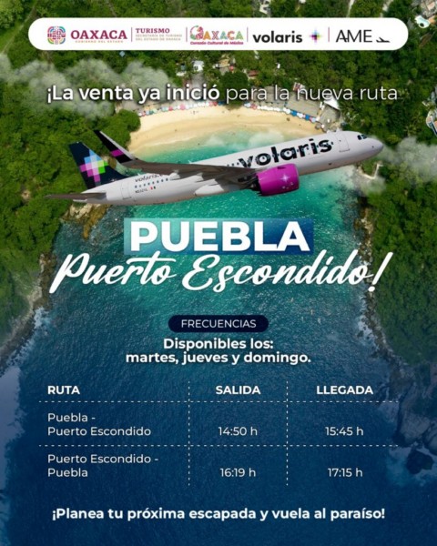 Disponibles los boletos para el nuevo vuelo Puebla – Puerto Escondido que operará a partir del 1 de diciembre