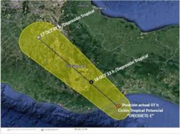 se espera se intensifique a Tormenta Tropical las próximas horas y se desplace al oeste hacia la costa central del estado de Oaxaca.