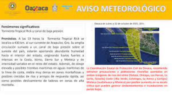 informó que a las 19:00 horas de este viernes la Tormenta Tropical Rick se localizó a 430 km. al sur-suroeste de Acapulco,