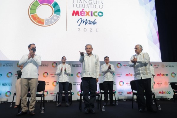 López Obrador al inaugurar el Tianguis Turístico 2021 en Mérida, Yucatán.