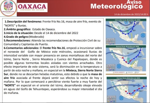    La noche de este miércoles y jueves, se espera el descenso de las temperaturas, especialmente en la Mixteca, Sierra Norte y Sierra Sur,