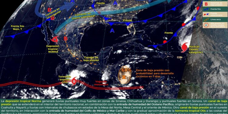 Otis provocará lluvias puntuales fuertes en Costa,Sierra Sur, Mixteca e Istmo de Tehuantepec