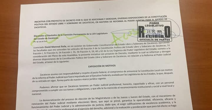 Presenta Gobierno de Zacatecas iniciativa de reforma al Poder Judicial del Estado para armonizarlo a nivel federal
