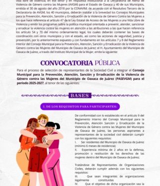 Continúa Convocatoria para Integrar el Consejo Municipal para la Prevención, Atención, Sanción y Erradicación de la Violencia de Género contra las Mujeres del Municipio de Oaxaca de Juárez
