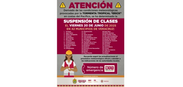 Sube a 42 los municipios con suspensión de clases este viernes por efectos de Erick
