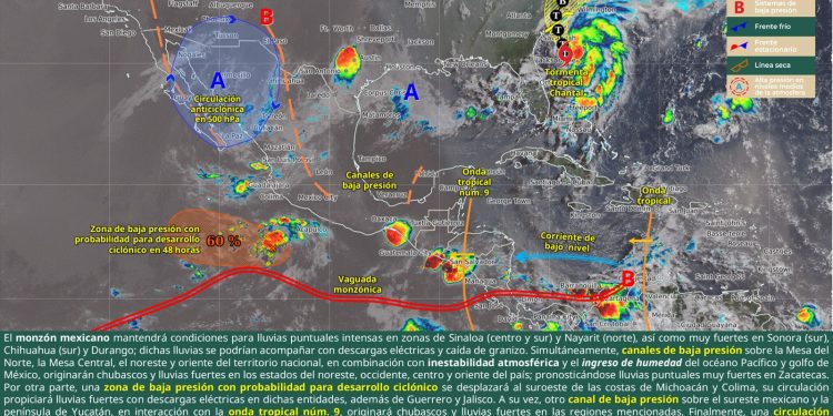Continuarán lluvias dispersas por onda tropical número 9 y la vaguada monzónica en Oaxaca